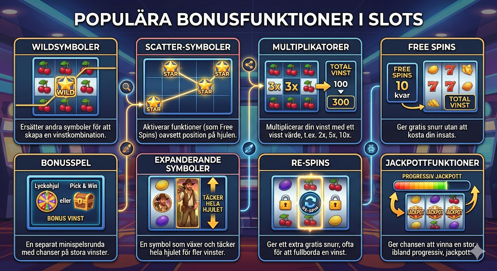 Bonusfunktioner i slots – wildsymboler, scatter, multiplikatorer och free spins i spelautomater online casino.