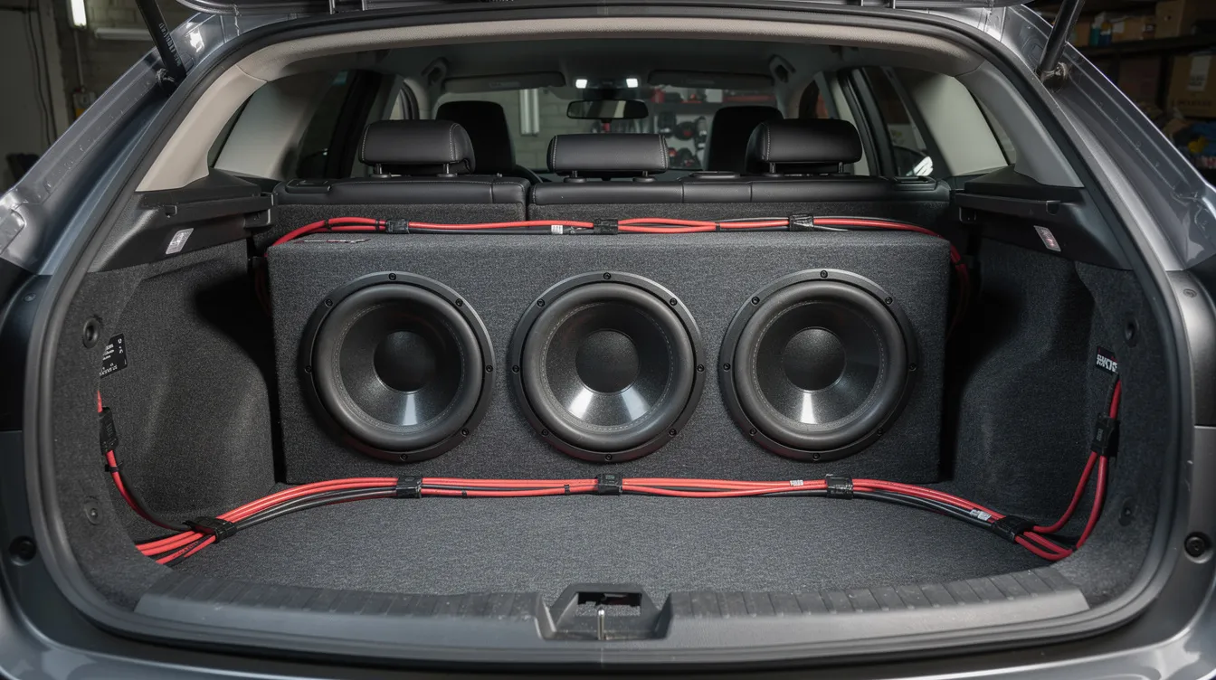 The image shows a neatly organized subwoofer enclosure in a vehicle trunk, featuring securely connected speaker wires, including power and ground wires, as well as a remote turn on wire. The setup is designed for optimal performance of the car audio system, ensuring that connections are tight to prevent the amplifier from going into protect mode.