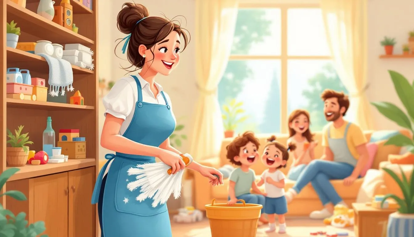 A happy family enjoying a clean home thanks to their housekeeper.