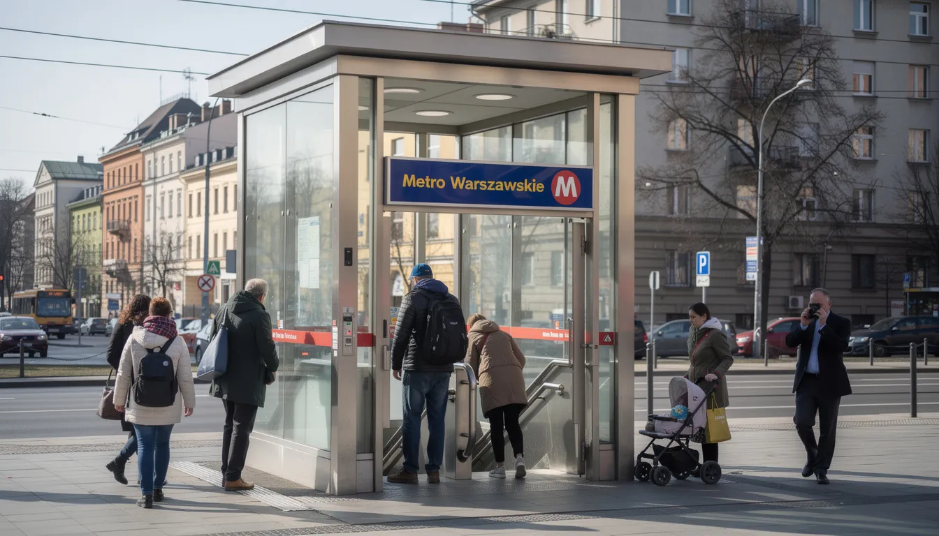 Na zdjęciu widać wejście do stacji metra w Warszawie, gdzie ludzie wchodzą i wychodzą, tworząc dynamiczną atmosferę. Stacja znajduje się w jednej z najbardziej zielonych dzielnic Warszawy, co sprzyja sprawnej komunikacji mieszkańców Bielan.