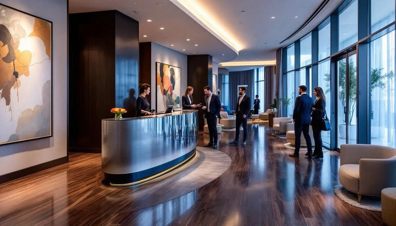 The image depicts a modern hotel lobby featuring an elegant design, with guests checking in at a sleek reception desk, embodying the essence of the hospitality industry. This inviting space highlights the importance of guest satisfaction and personalized service in a successful hotel business plan.