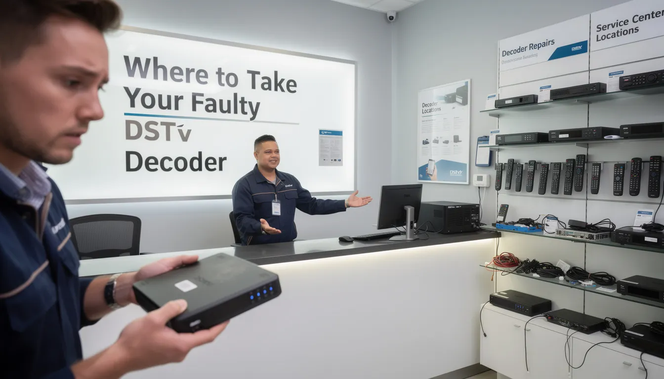 The image depicts a professional technician repairing a faulty DStv decoder at a customer’s home, showcasing the reliable installation services offered by accredited DStv installers. Tools and equipment are neatly arranged, emphasizing the technician's expertise in handling signal problems and providing efficient solutions for satellite TV setups.