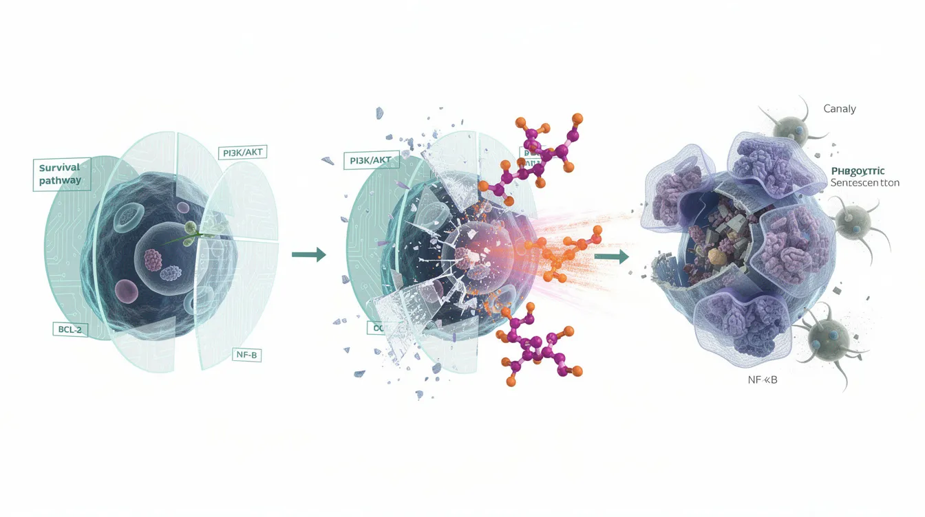 The image depicts a scientific visualization illustrating the process of a senescent cell, often referred to as a &ldquo;zombie cell,&rdquo; being protected by survival pathway shields. It then shows a senolytic compound disrupting these shields, leading to the programmed cell death of the senescent cell, which is significant for supporting healthy aging and eliminating age-related diseases.