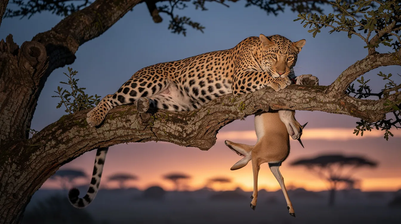 Ein Leopard sitzt auf einem Ast in einem hohen Baum bei Dämmerung und hält eine Antilope im Maul. Sein auffälliges Fell mit den charakteristischen Flecken ist gut sichtbar, während die Umgebung in sanften Dämmerungsfarben leuchtet.