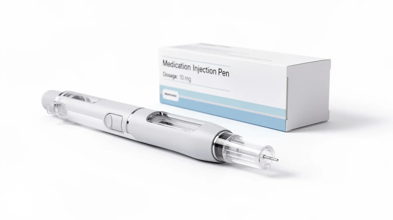 The image shows a medical injection pen placed on a clean white surface alongside a small medication box, which may contain semaglutide for weight management. This setup suggests a focus on prescribed doses and dosing schedules for sustained weight loss treatment.