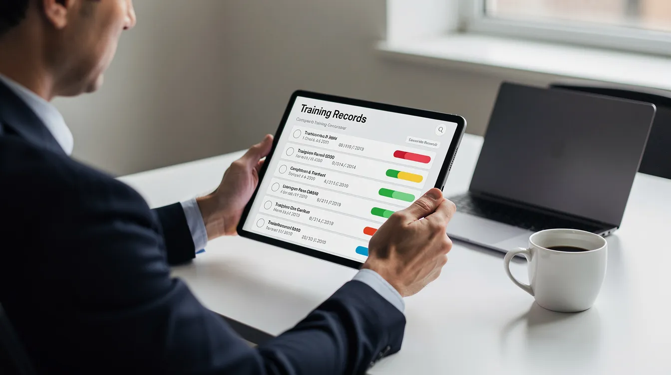 Person focused on a tablet device, reviewing training records of a registered apprenticeship program.