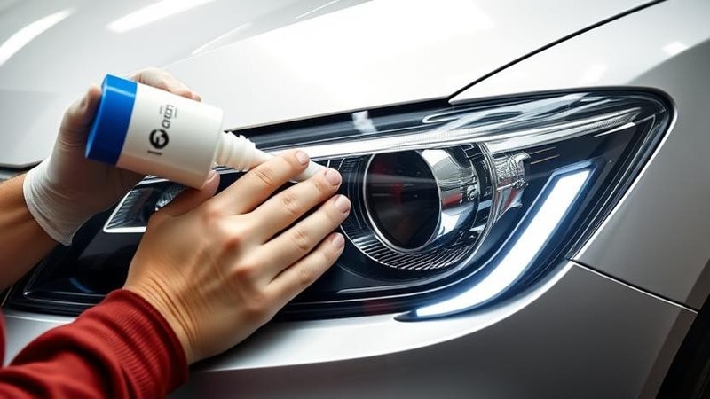 Applying silicone sealant along the edges of a headlight