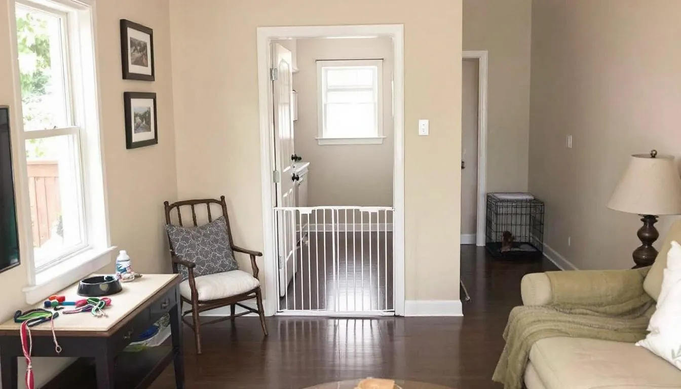 In a cozy, puppy-proofed living room, baby gates are set up to create a safe space for adorable micro mini goldendoodle puppies, surrounded by small dog supplies like toys and bowls. The room is designed for both comfort and safety, making it an ideal environment for new puppy owners.