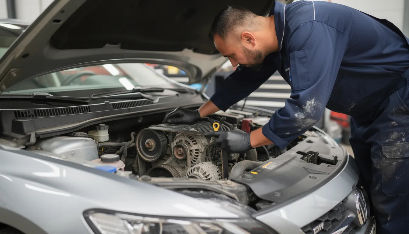 A mechanic is inspecting a serpentine drive belt under the hood of a truck, focusing on its condition and the associated tensioner system. The mechanic uses tools to check for wear and ensure optimal performance of the vehicle's engine.