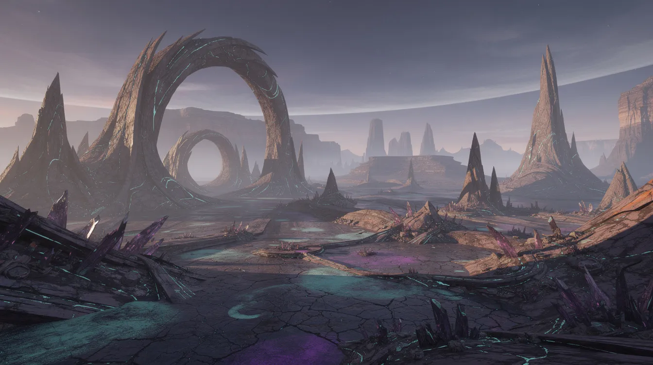 The image depicts a vast alien landscape featuring bizarre rock formations and an expansive horizon, evoking the sense of an uncharted planet filled with adventure. This otherworldly scene invites players to imagine a campaign game set in a unique environment, where they can explore and engage in strategic gameplay.