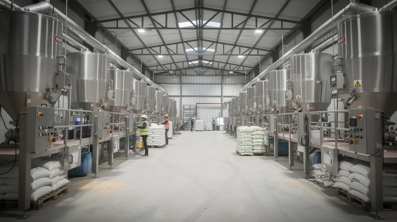 6d59b016 0acb 47dd 8d01 0d9f988d2714 The image shows a wide-angle view of rows of large industrial rice processing machines in a warehouse facility, with workers engaged in various tasks in the background. The scene highlights the complexity and scale of rice mill machinery, emphasizing its role in the rice processing segment.