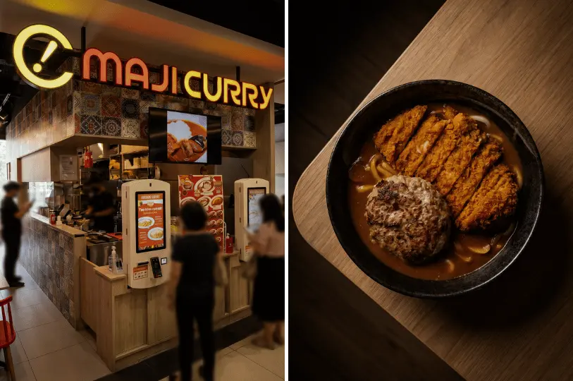 Side-by-side view of the Maji Curry stall front equipped with digital ordering kiosks, paired with an overhead shot of a hearty bowl of Japanese curry topped with both a crispy fried katsu and a juicy hamburg steak.