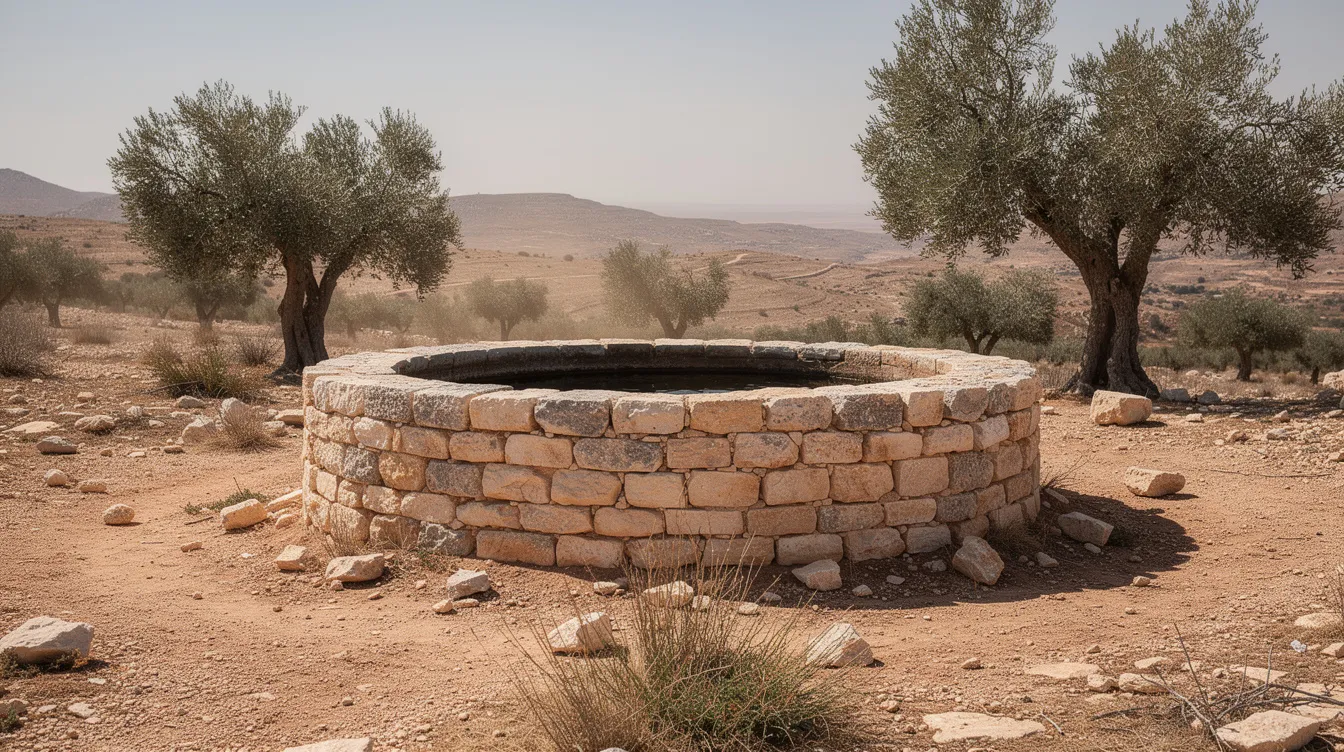 The image depicts a simple stone well situated in an arid Middle Eastern landscape, with olive trees providing a backdrop. This scene evokes the ancient traditions of the Samaritan community, reflecting their historical connection to the land and its biblical significance.