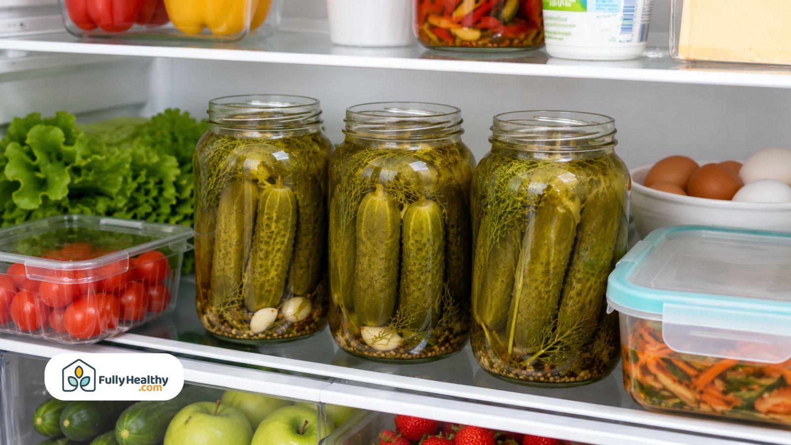 Opened pickle jars stored neatly in refrigerator beside fresh fruits and vegetables