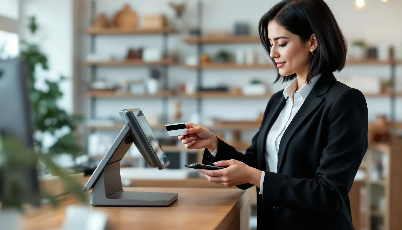 A business owner is processing a card payment at a sleek, modern POS terminal, demonstrating the ease of accepting payments through a payment service provider. The scene captures the functionality of merchant account services, highlighting the convenience of credit and debit card transactions for customer payments.