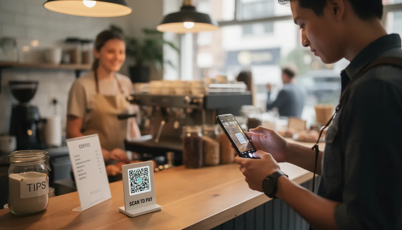 A person is scanning a QR code at a coffee shop counter using their smartphone, engaging with the loyalty program to earn rewards. This digital interaction enhances customer loyalty and encourages repeat visits to the small business.