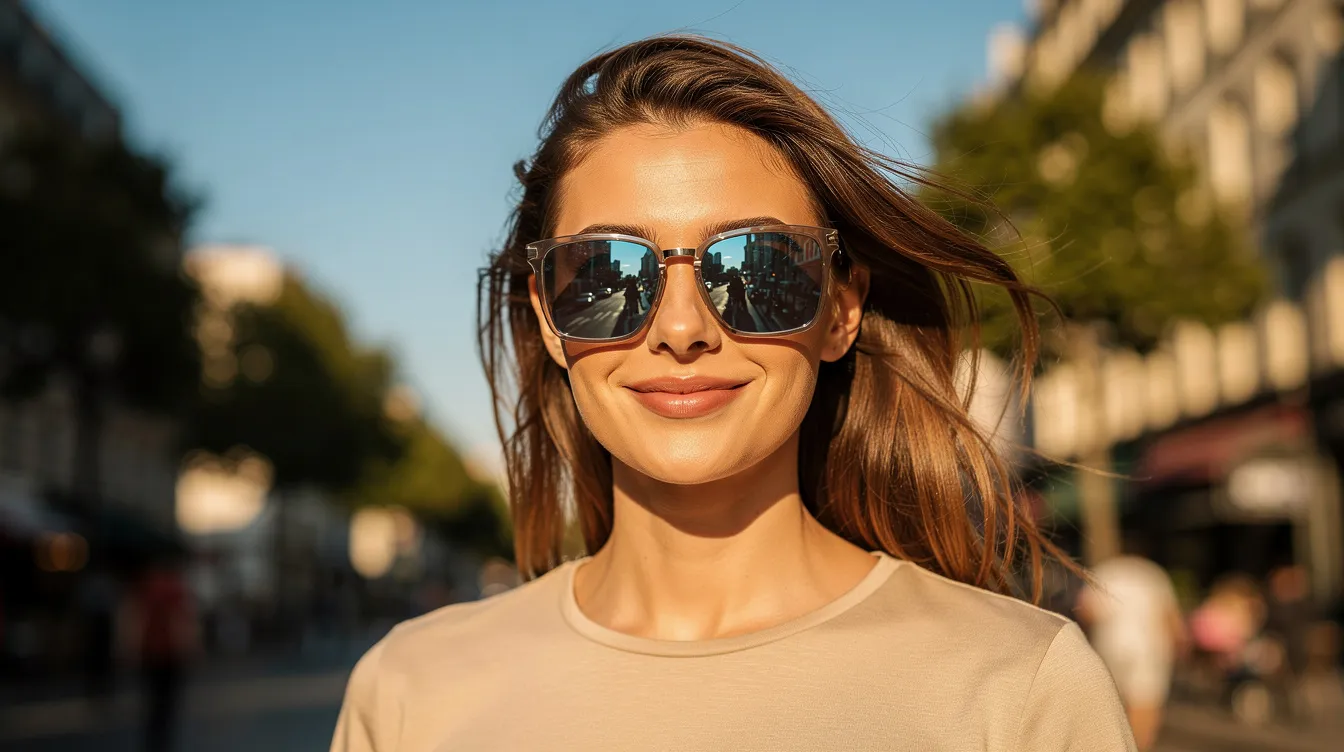 A person is wearing stylish sunglasses while enjoying the outdoors on a sunny day, showcasing a relaxed and confident demeanor. This image could symbolize the positive outcomes of eyelid surgery recovery, where proper sun protection is essential for optimal healing and minimizing swelling.