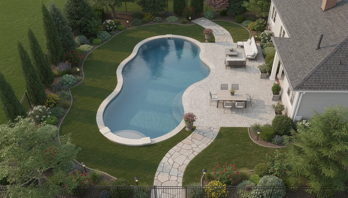 An aerial view of a beautifully designed backyard showcases a stunning pool surrounded by stone pathways, a cozy patio area, and lush, mature landscaping, creating an inviting outdoor space perfect for relaxation and family gatherings. This landscape design highlights the thoughtful elements that transform a yard into a dream garden.