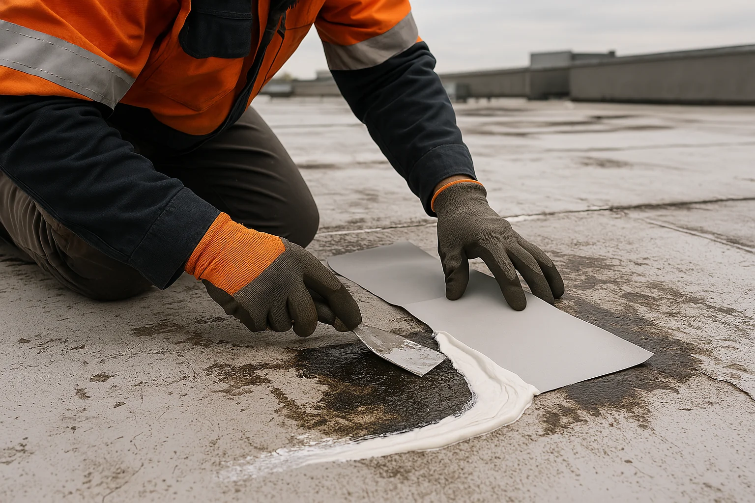 Roofer applying waterproof sealant to a small crack on a commercial flat roof to prevent leaks.