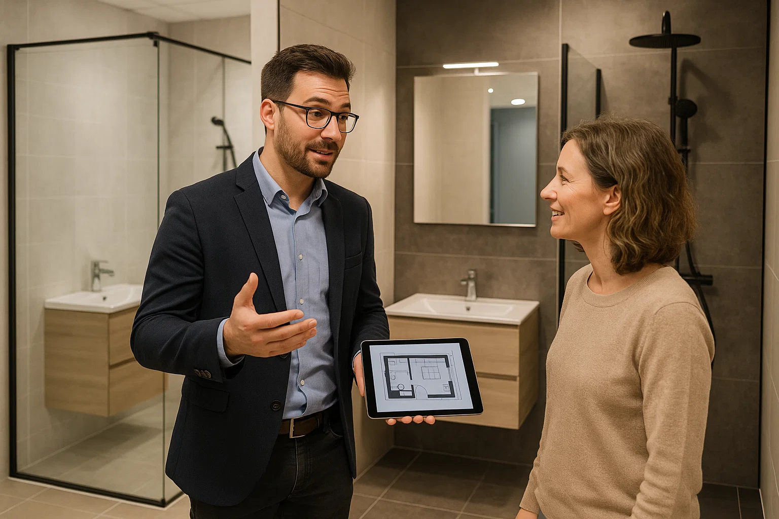 Bathroom designer helping homeowner choose between wet room and walk-in shower designs.