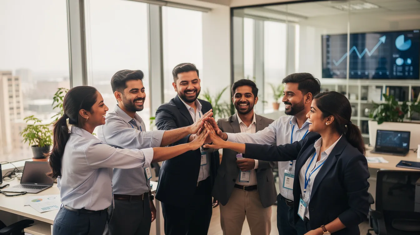 6d5e1ca8 aa41 410b be3d 320ce280242b A group of young Indian professionals joyfully celebrate a significant business milestone with high-fives, showcasing their teamwork and enthusiasm for their successful business venture. This moment reflects the spirit of innovation and collaboration often seen in small business ideas in India.