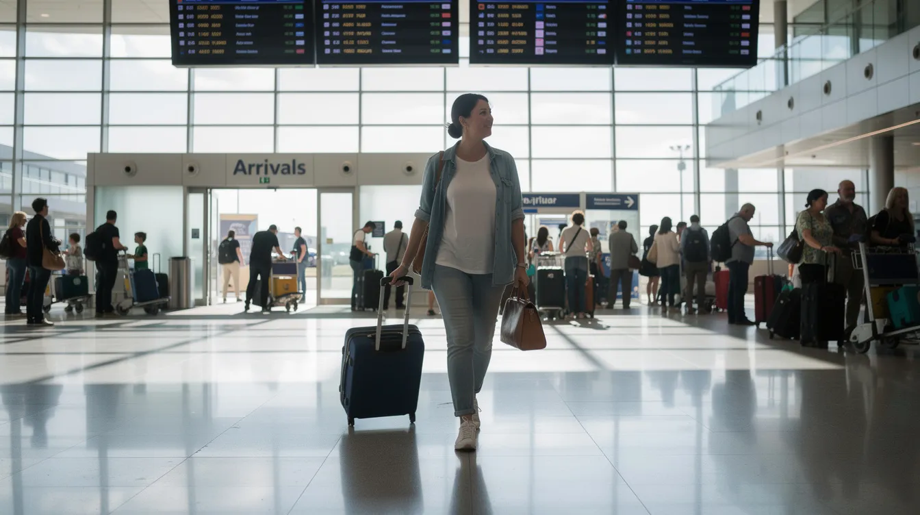 A passenger is seen walking through an airport arrivals terminal, pulling a suitcase behind them. The scene conveys the excitement of travel, possibly related to the visa process for entering Poland, as they navigate through the bustling terminal after arriving in a new country.