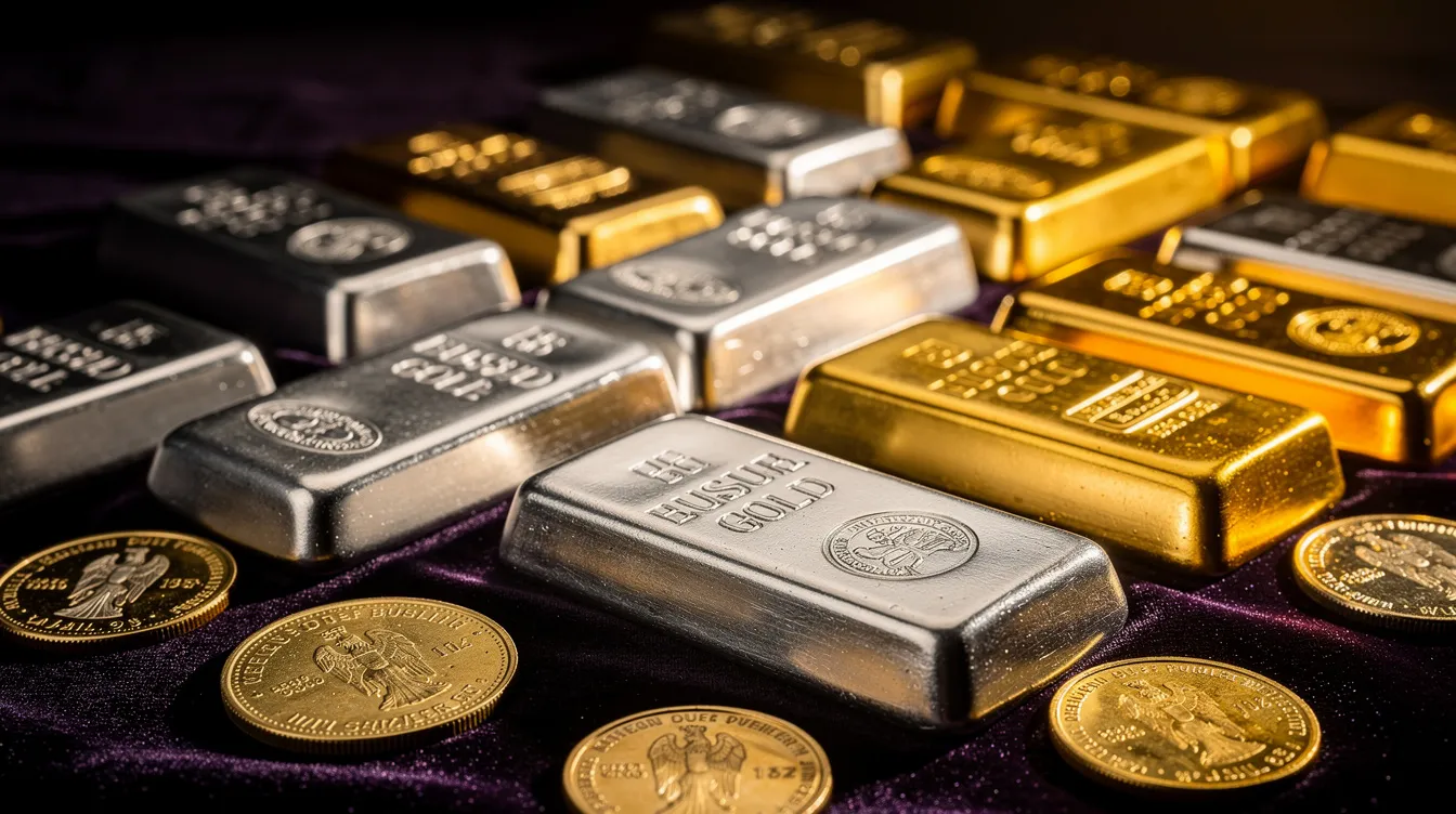 The image features a close-up view of gold and silver bullion bars and coins, meticulously arranged on a dark velvet surface, highlighting the shine and texture of these precious metals. This arrangement serves as a striking representation of the current gold and silver prices, appealing to investors interested in market trends and informed investment decisions.