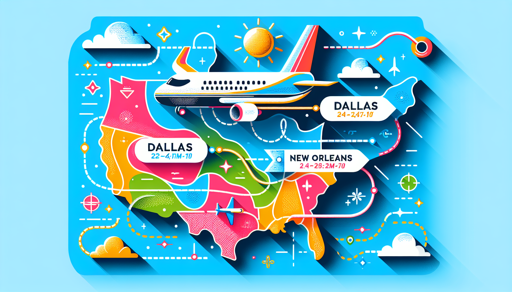 An illustration depicting the flight time from Dallas to New Orleans.