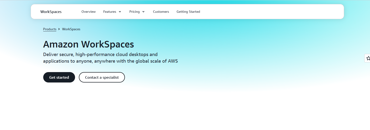 Amazon WorkSpaces homepage showcasing secure, high-performance cloud desktops and virtual workspaces for developers and remote teams.