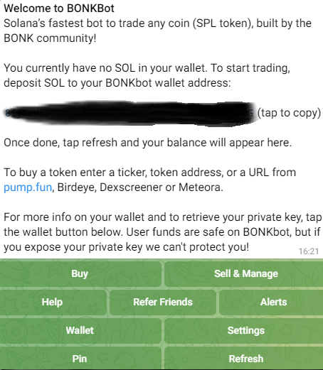 BONKbot is accessible through Telegram, requiring a deposit of SOL to start buying meme coins.