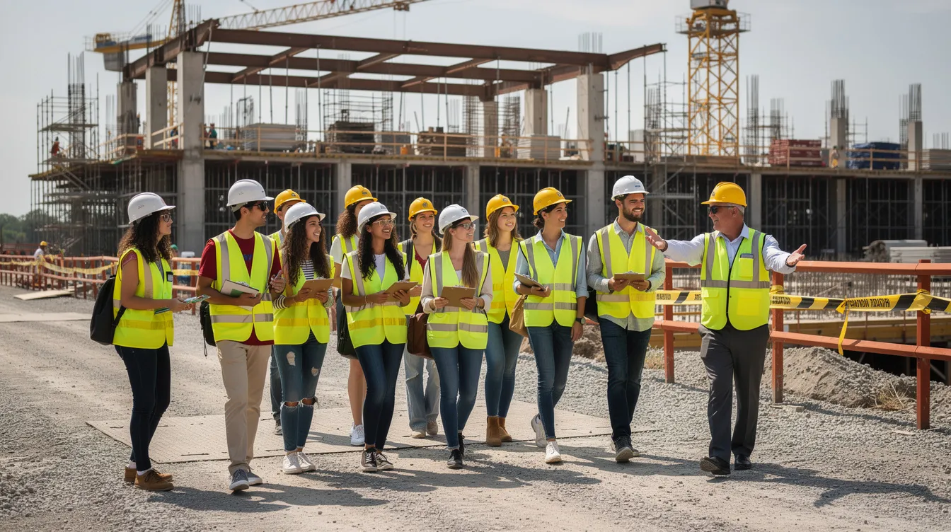 A group of high school students wearing hard hats and safety vests is walking through an active construction site on a guided tour, learning about safety procedures and the construction industry. This experience is part of a workforce development initiative aimed at preparing students for future jobs in skilled labor through apprenticeship programs and training resources.