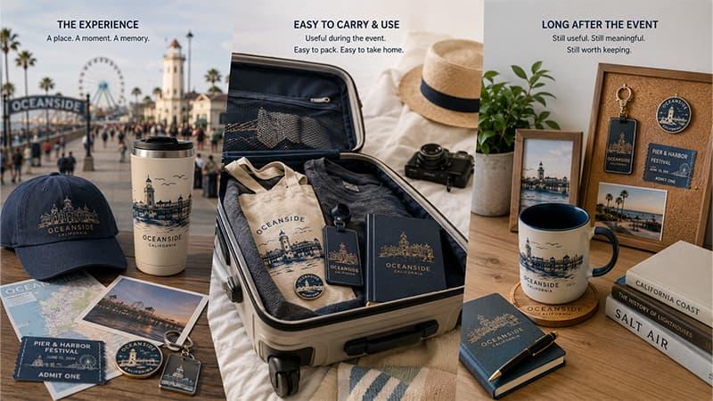 Three-stage view showing destination souvenirs used during a trip, packed in luggage, and kept as lasting mementos afterward