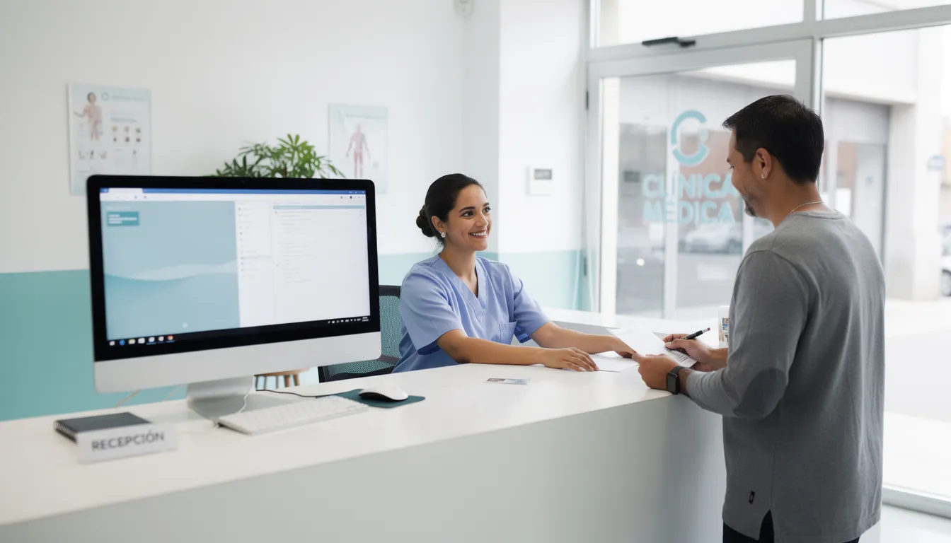Una recepcionista en una clínica médica está atendiendo a un paciente mientras utiliza una computadora moderna. La escena refleja la importancia de la atención al paciente y el uso de tecnología en la práctica médica para mejorar la experiencia del usuario.
