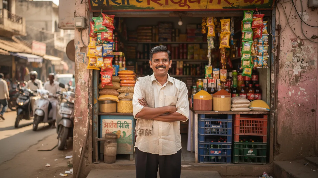 6d6719d1 7f2a 4a4d 8b9f c6001947262e The image features a proud small Indian shop owner standing in front of their store, showcasing their successful micro enterprise. This individual has benefited from financial assistance through mudra loans, demonstrating a satisfactory credit track record and contributing to the local economy.