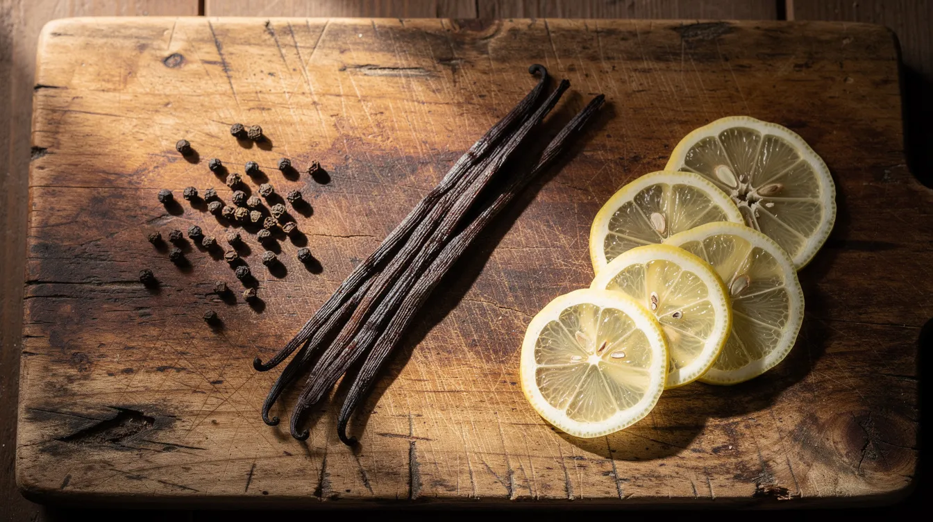 The image features a rustic wooden cutting board adorned with an artistic arrangement of vanilla beans, black peppercorns, and fresh lemon slices, creating a vibrant contrast. The sweet vanilla aroma and citrus lift evoke the essence of a creamy dessert, reminiscent of the indulgent flavors found in ice cream cake.