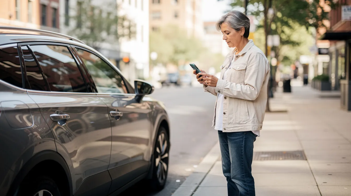 Das Bild zeigt eine Person, die ein Smartphone in der Hand hält und neben einem geparkten Auto steht. Die Person scheint Informationen oder Angebote, möglicherweise einen Rabattcode, auf der Carly App zu überprüfen.
