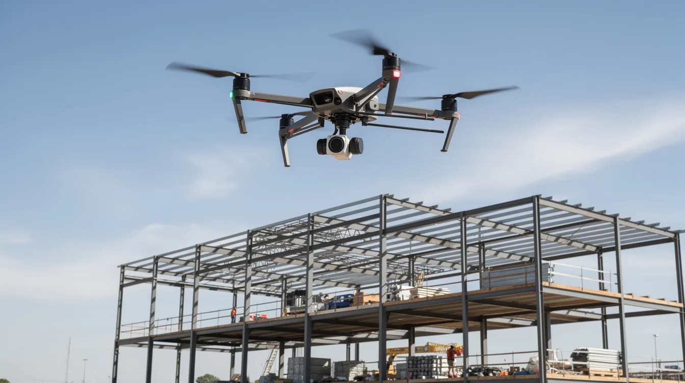 A commercial drone equipped with advanced sensors is hovering above a steel-framed building under construction, capturing detailed aerial imagery of the entire construction site on a clear day. This drone technology aids in monitoring construction progress and ensuring safety inspections are conducted efficiently, enhancing safety and quality control within the construction industry.