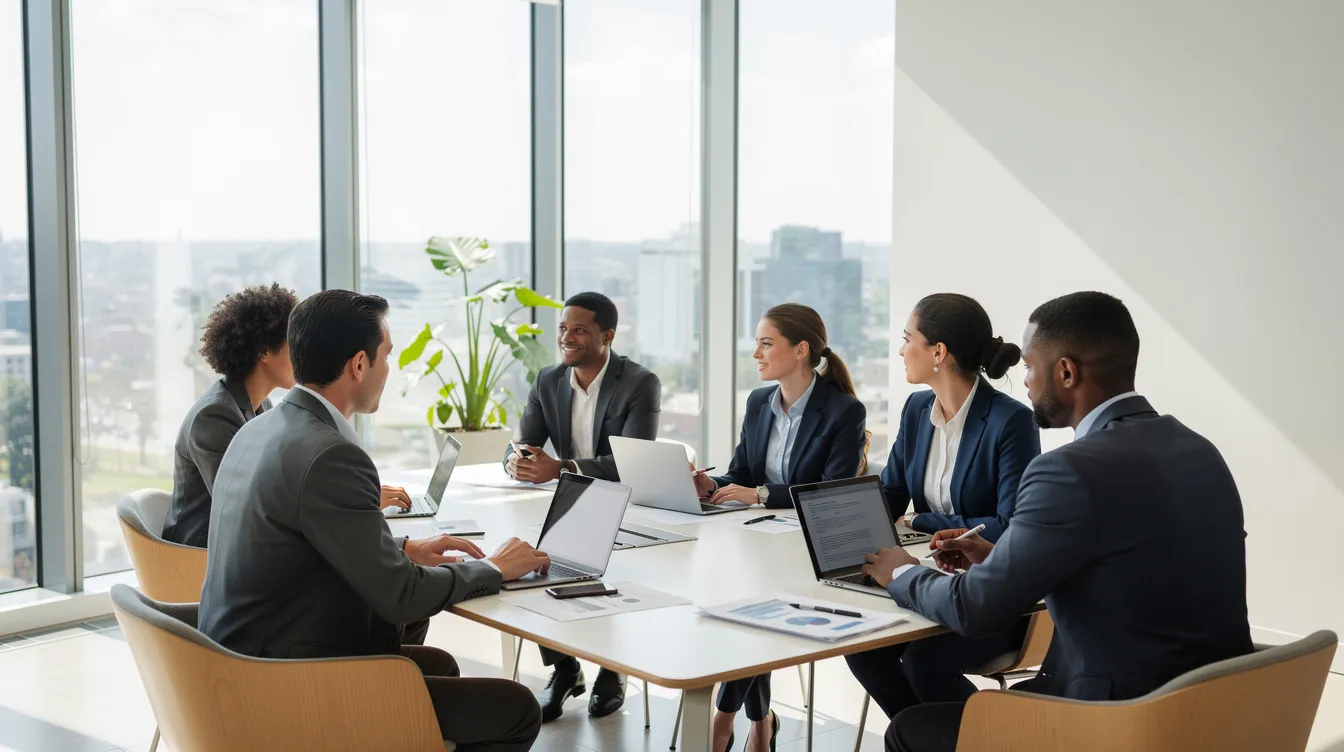 L'image montre des professionnels engagés dans une discussion calme autour d'une table de réunion dans un bureau lumineux, favorisant des échanges constructifs sur des concepts tels que l'analyse transactionnelle et le développement personnel. On peut ressentir une atmosphère de collaboration et de communication, essentielle pour le management et le leadership au sein de l'entreprise.