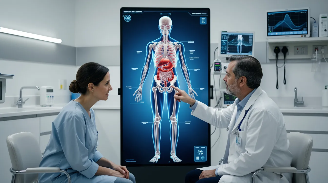 The image depicts a patient consultation taking place in a medical office, where advanced body imaging technology is being used to discuss potential treatment options such as the smartlipo procedure. The patient appears comfortable and engaged, while a staff member explains the expected results and minimal downtime associated with the procedure.
