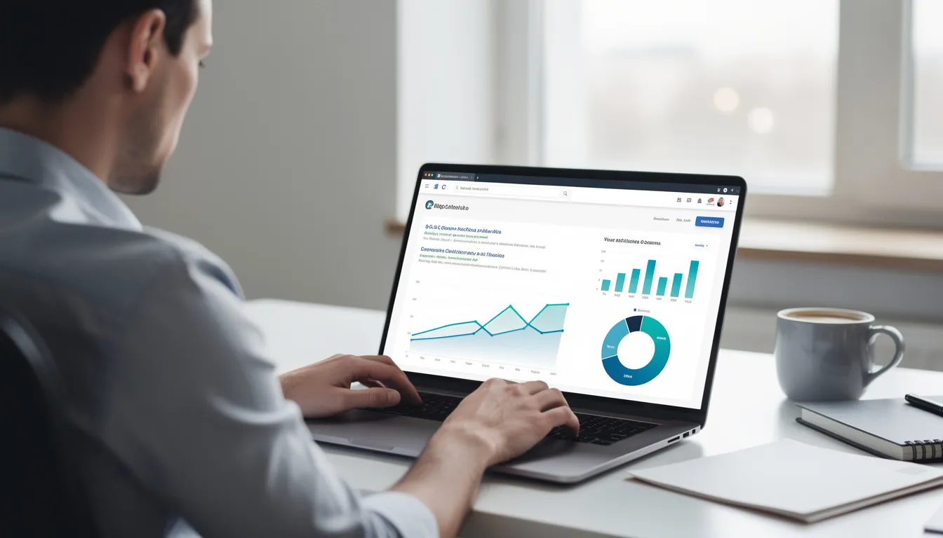 A person is focused on working with a laptop displaying search results and colorful data visualizations related to search engine optimization. The screen features insights from ai-powered SEO tools, illustrating keyword research and content optimization efforts to enhance website visibility and improve search engine rankings.