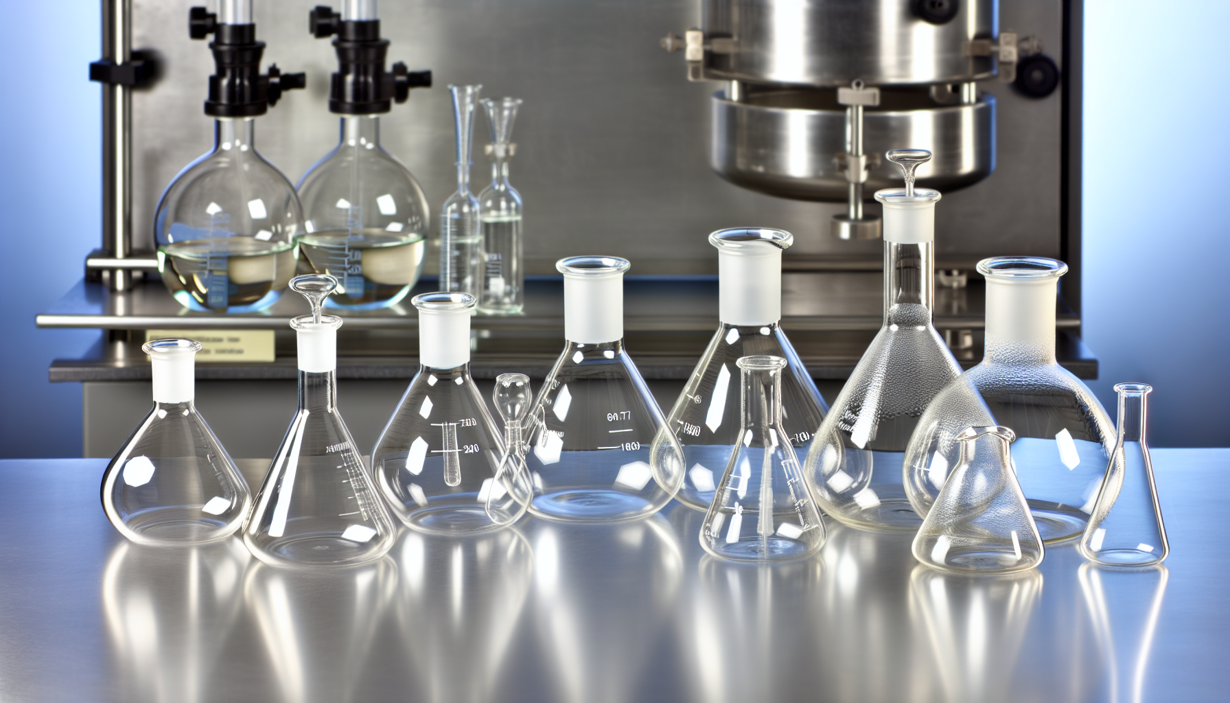 Various types of Erlenmeyer flasks made of borosilicate glass