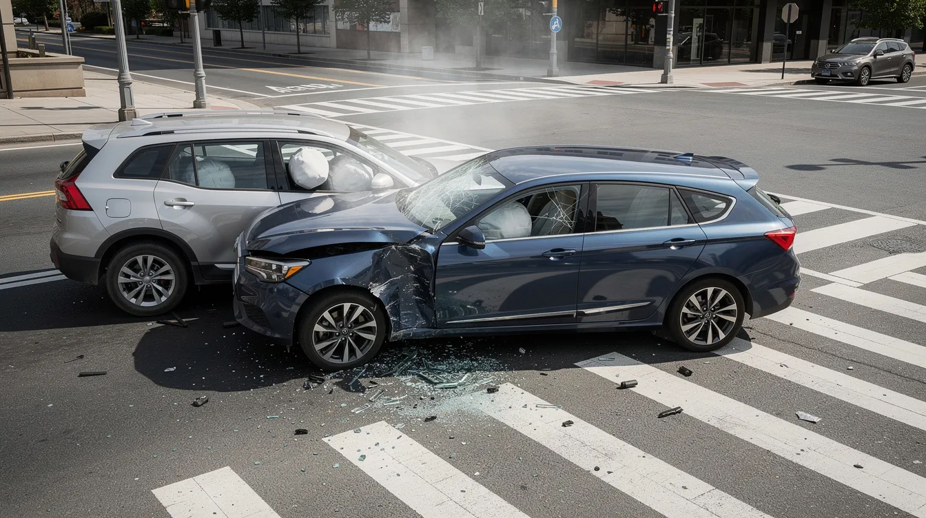 The image depicts two vehicles that have been involved in a side-impact collision at an intersection, showcasing visible damage to both cars. The accident scene highlights the aftermath of the crash, which may lead to personal injury claims and insurance discussions regarding the at-fault driver.