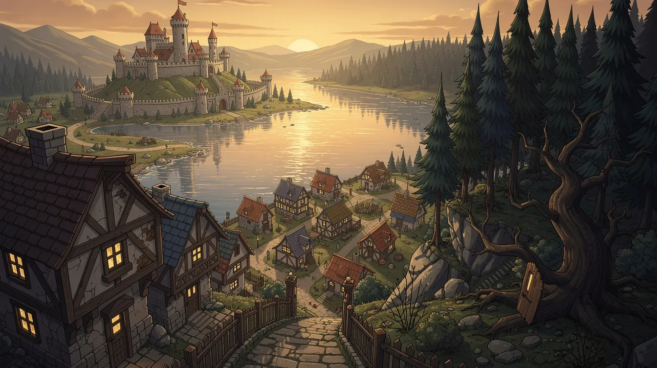 Die stilisierte Vogelperspektive zeigt eine bezaubernde Fantasy-Landschaft mit einem großen, glitzernden See, einer majestätischen Burg auf einem Hügel, einem kleinen, malerischen Dorf, einem dunklen, geheimnisvollen Wald und einer schmalen Gasse zwischen alten Häusern, die an die magische Welt von Harry Potter erinnert. Diese Szene könnte leicht aus einem der Harry Potter Bücher stammen und lädt dazu ein, die Abenteuer von Harry, Ron und Hermine in dieser fantastischen Umgebung zu erleben.
