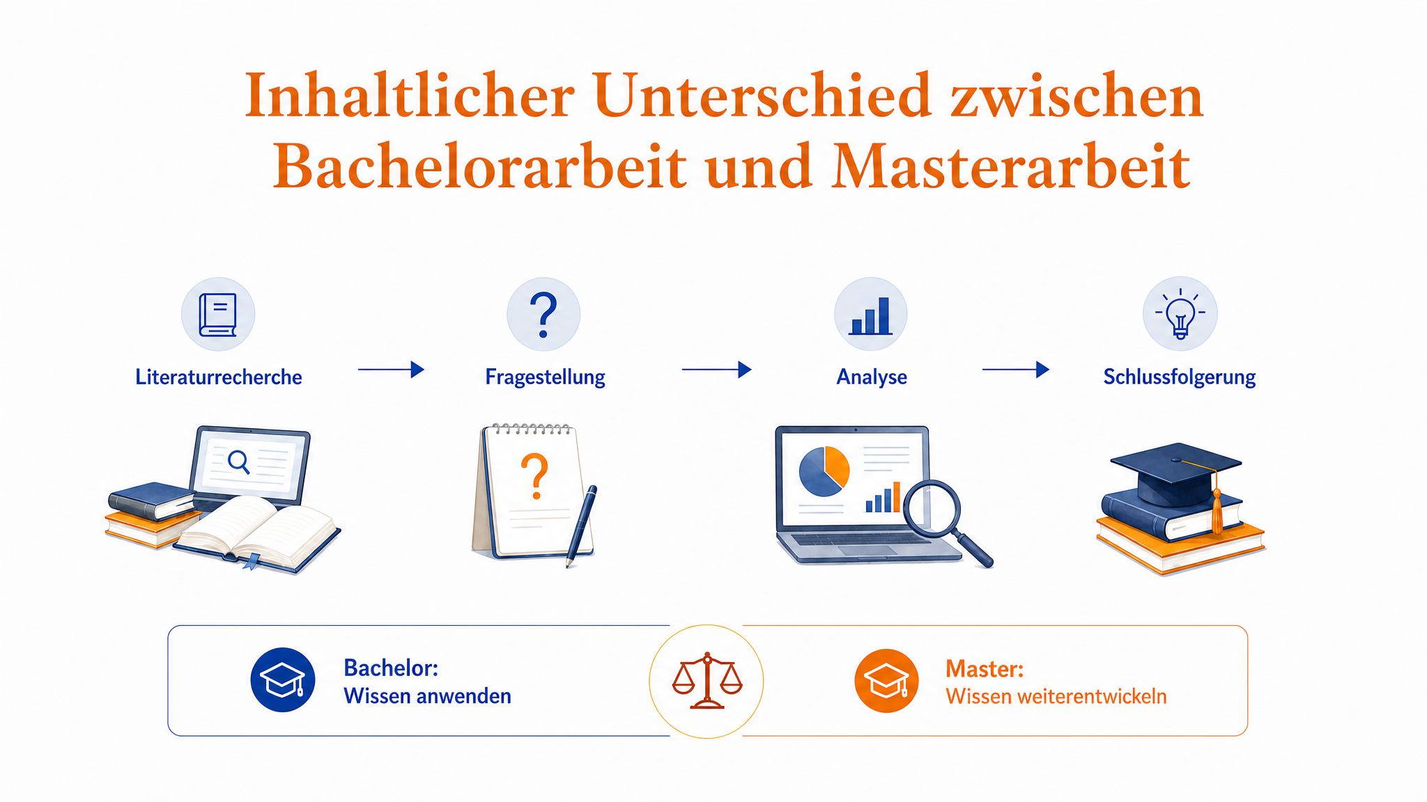Inhaltlicher Unterschied zwischen Bachelorarbeit und Masterarbeit mit den Schritten Literaturrecherche, Fragestellung, Analyse und Schlussfolgerung
