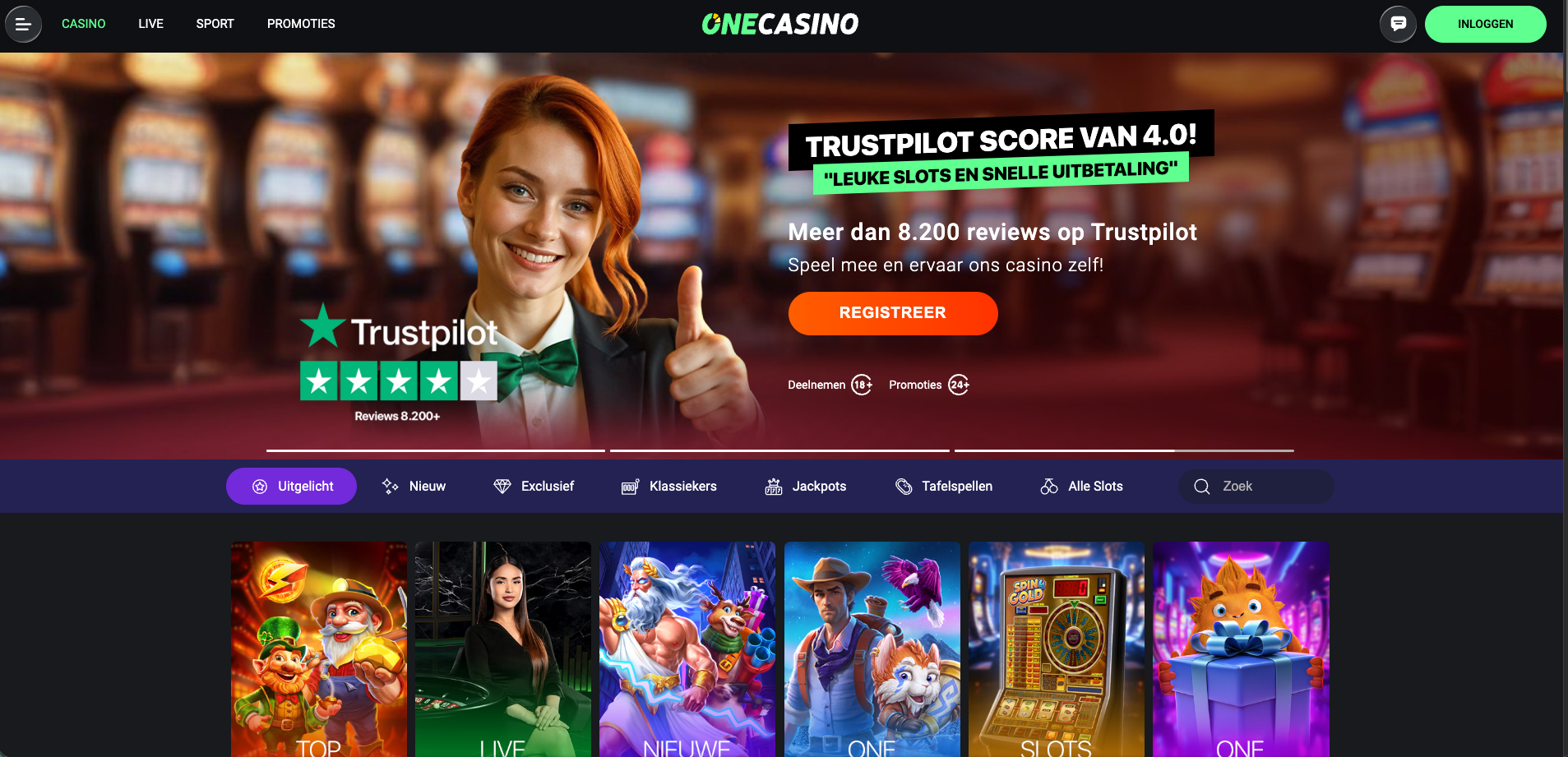 Homepage van OneCasino met een banner over de Trustpilot-score van 4.0 uit meer dan 8.200 reviews, inclusief registratieknop en een overzicht van casinocategorieën zoals slots, jackpots, klassiekers en tafels.