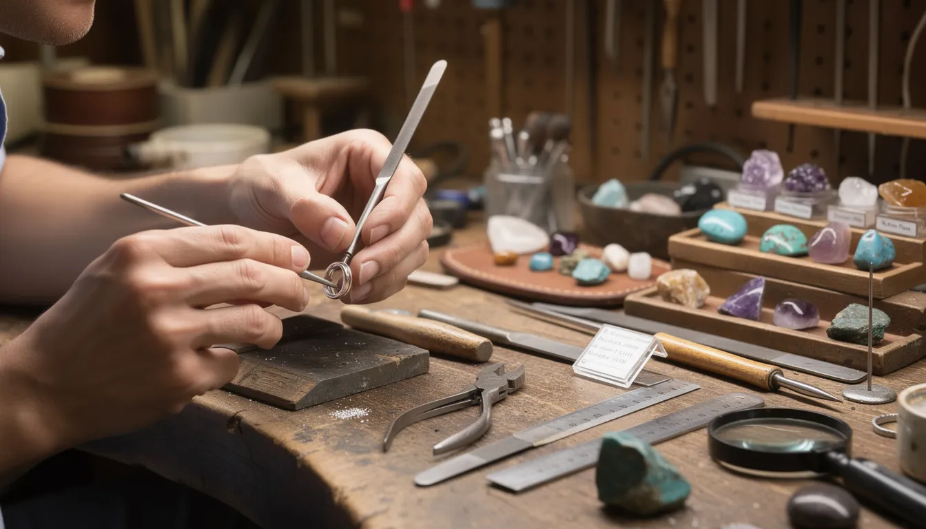 Des mains d'artisan bijoutier s'affairent sur un établi, utilisant des outils traditionnels pour créer des bijoux artisanaux en travaillant avec des pierres naturelles. L'image met en avant le savoir-faire et la passion qui se cachent derrière chaque pièce unique.