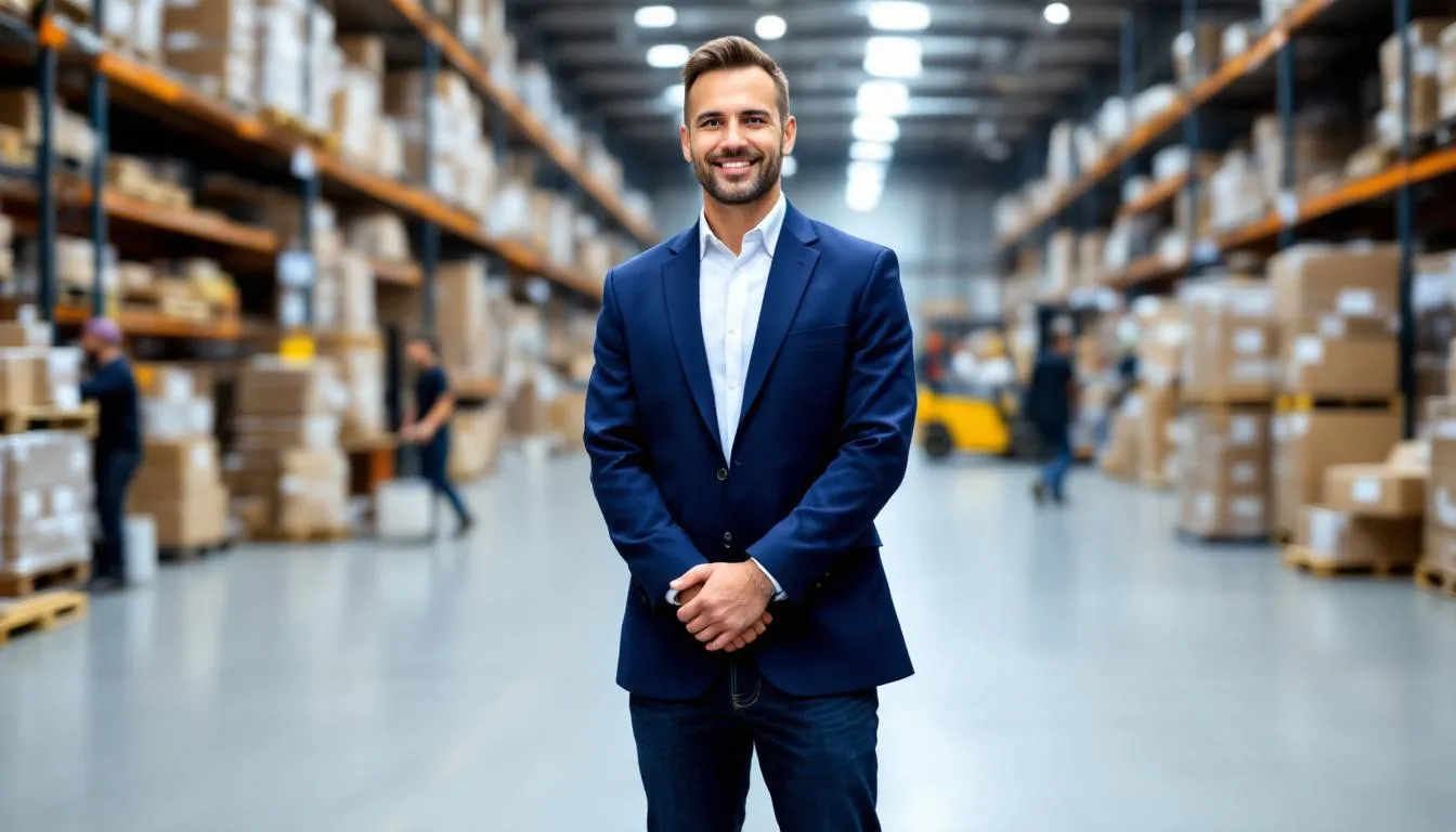 A confident small business owner stands in a busy warehouse, showcasing success after securing funding through invoice factoring, an extremely useful tool for managing cash flow needs. The atmosphere reflects the hard work and dedication of the owner and their team, highlighting the positive impact of invoide facttory, and the ability of active and responsive communication to assist in overcoming concerns and addressing anticipated cash flow needs with a very easy process.
