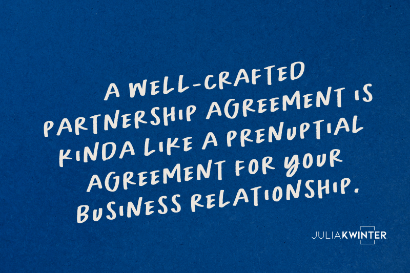 Quote comparing a well-crafted partnership agreement to a prenuptial agreement for business relationships, on a blue background