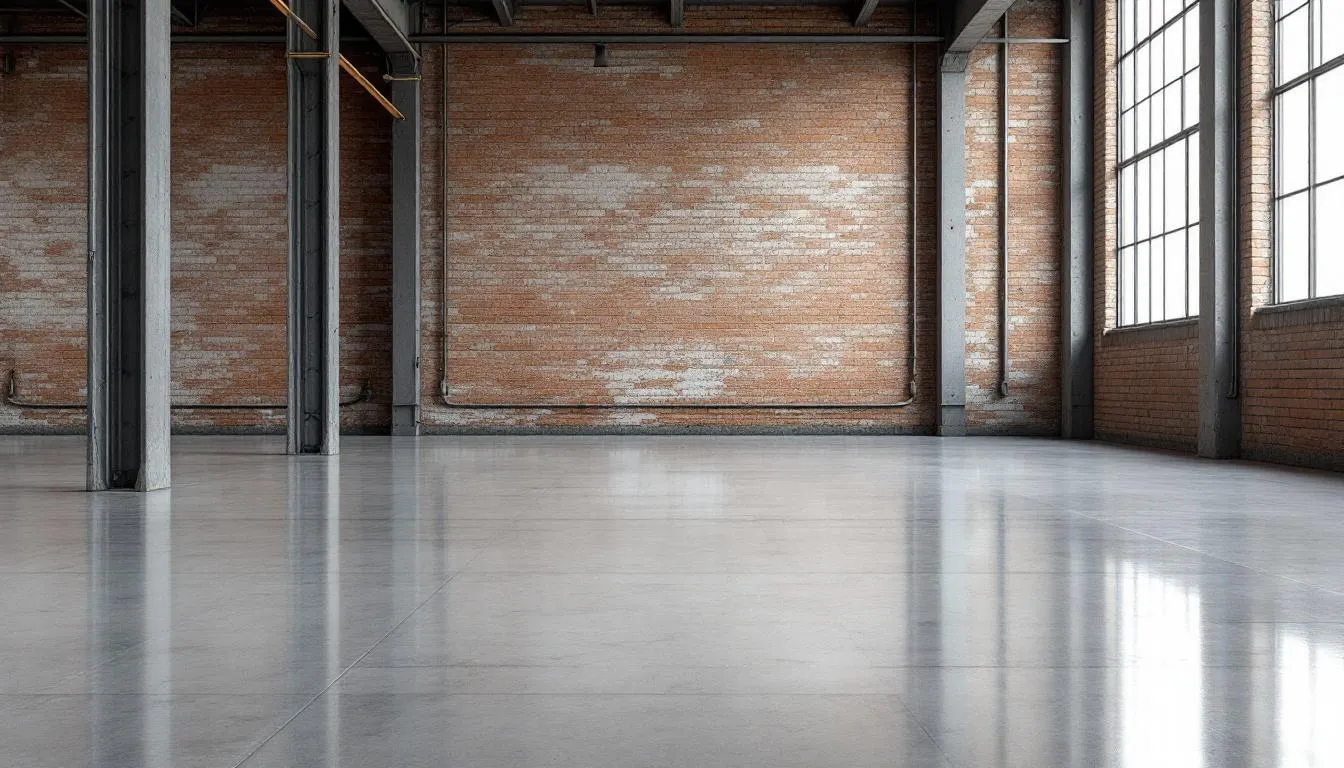The image features a polished concrete floor with a high gloss mirror finish, demonstrating the various design possibilities and aesthetic appeal of polished concrete in both residential and commercial settings.