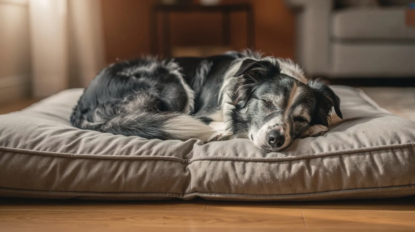 A senior border collie is resting comfortably on a padded dog bed indoors, exuding a calm and relaxed demeanor. This furry companion may benefit from joint supplements that support joint health and ease joint discomfort, ensuring a better quality of life as they age.